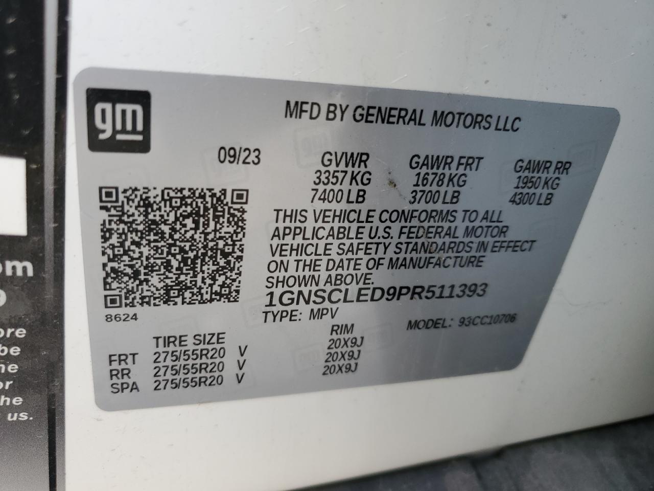 2023 CHEVROLET TAHOE C1500 VIN:1GNSCLED9PR511393