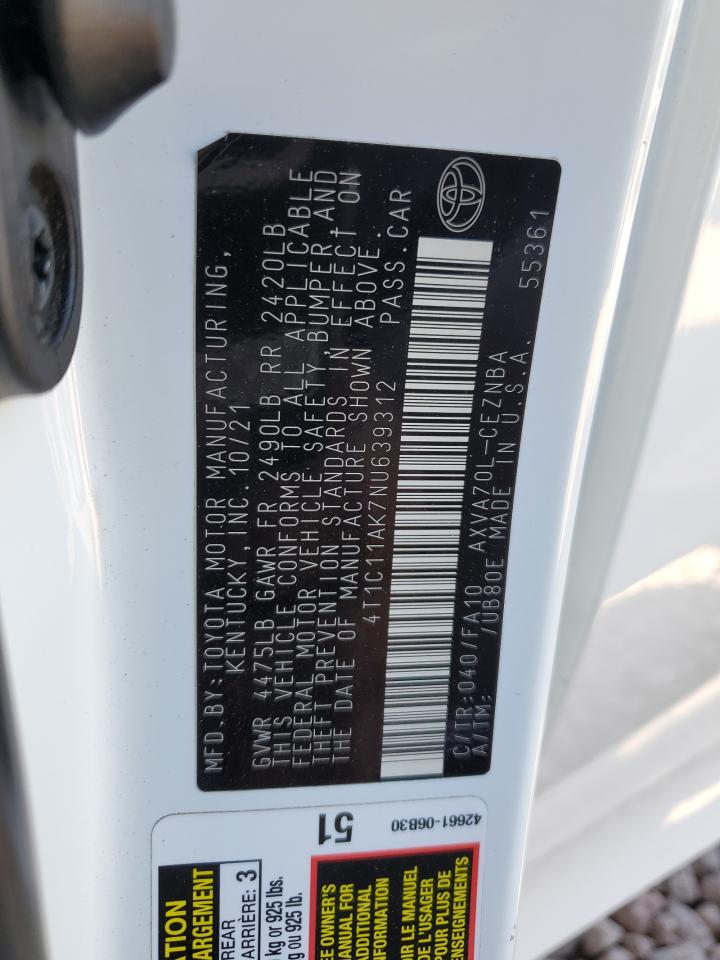 2022 TOYOTA CAMRY LE VIN:4T1C11AK7NU639312