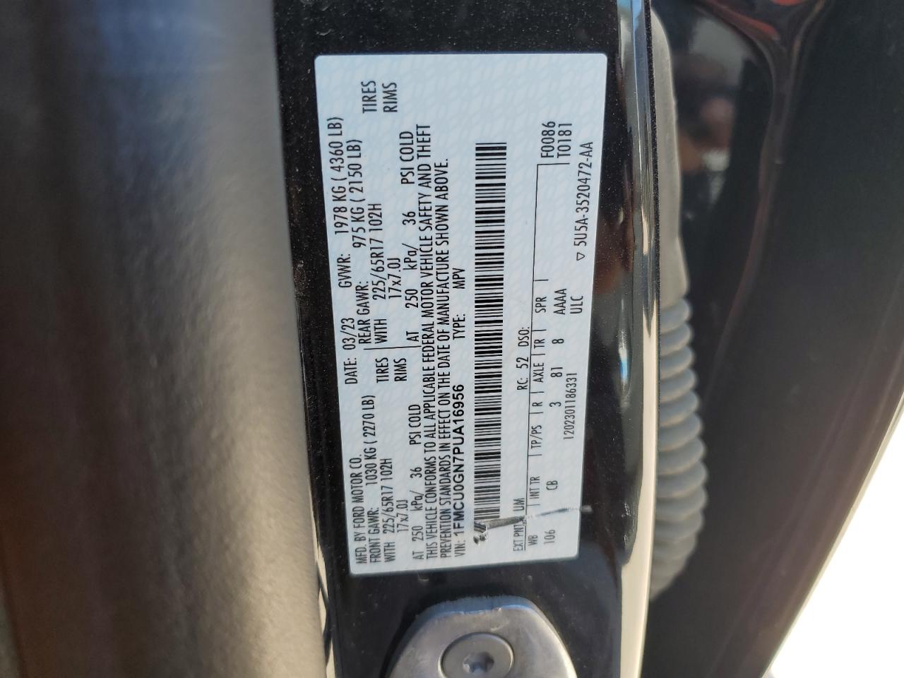 2023 FORD ESCAPE ACTIVE VIN:1FMCU0GN7PUA16956