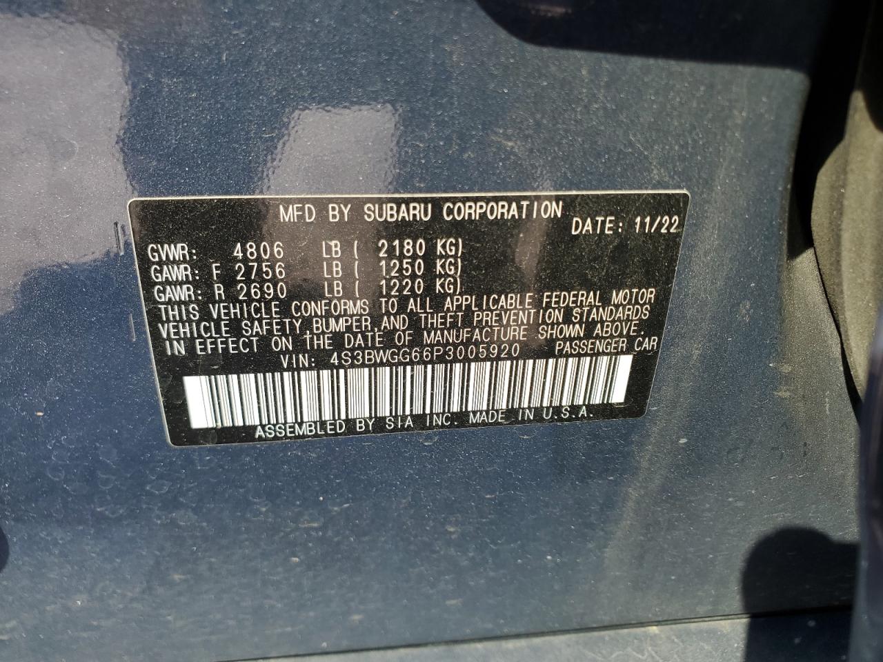 2023 SUBARU LEGACY SPORT VIN:4S3BWGG66P3005920