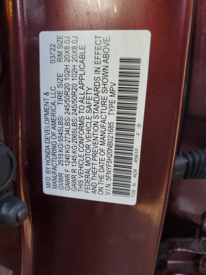 2022 HONDA PILOT SE VIN:5FNYF5H20NB021685
