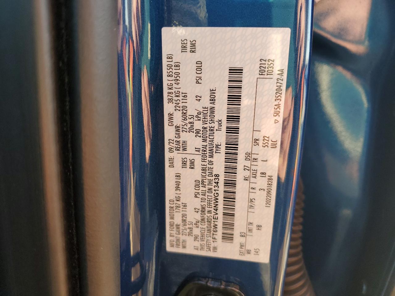 2022 FORD F150 LIGHTNING PRO VIN:1FT6W1EV4NWG13438