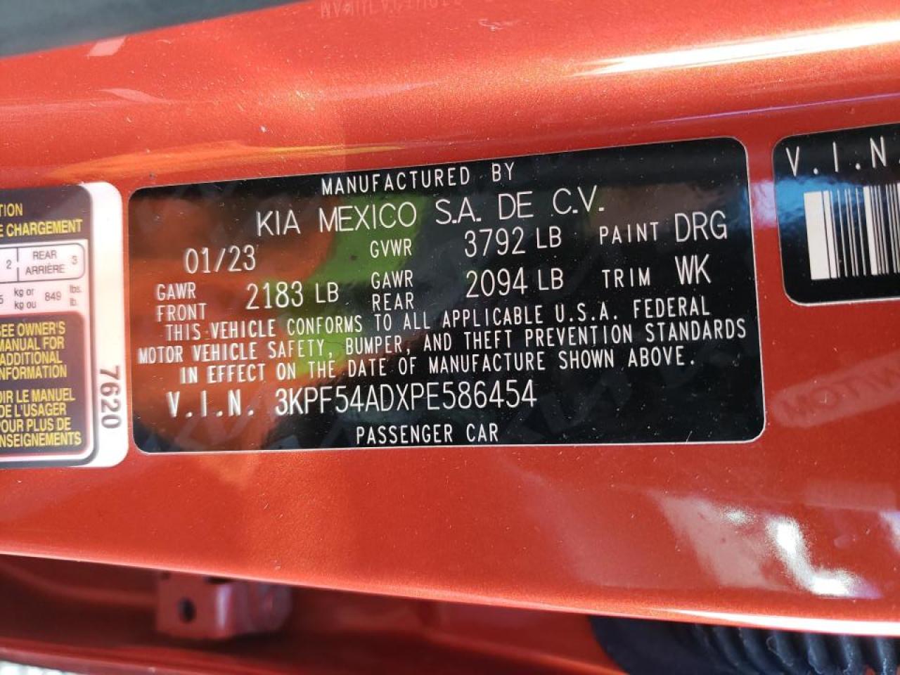 2023 KIA FORTE GT LINE VIN:3KPF54ADXPE586454