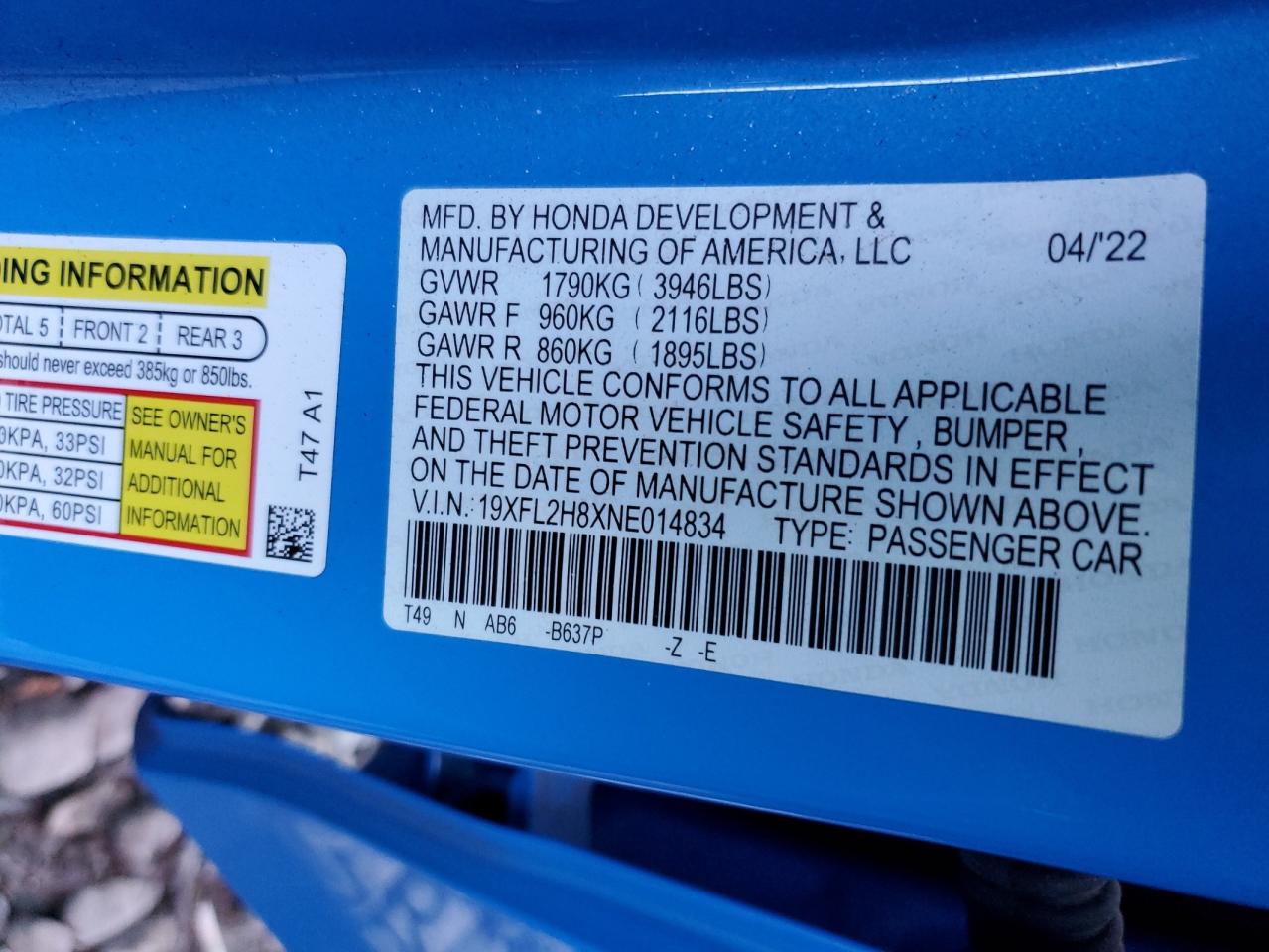2022 HONDA CIVIC SPORT VIN:19XFL2H8XNE014834