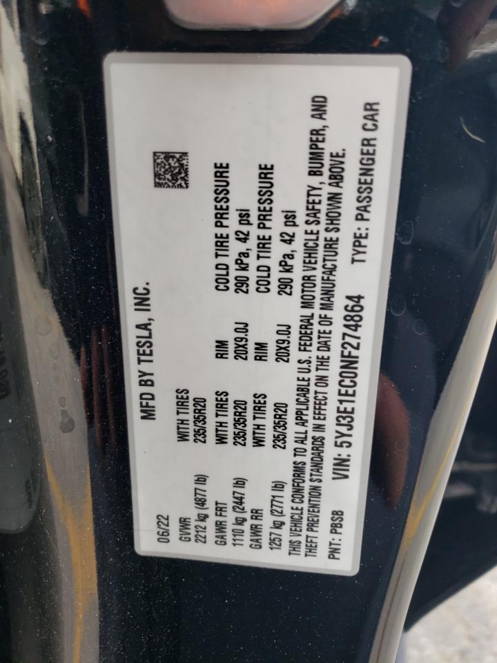 2022 TESLA MODEL 3  VIN:5YJ3E1EC0NF274864