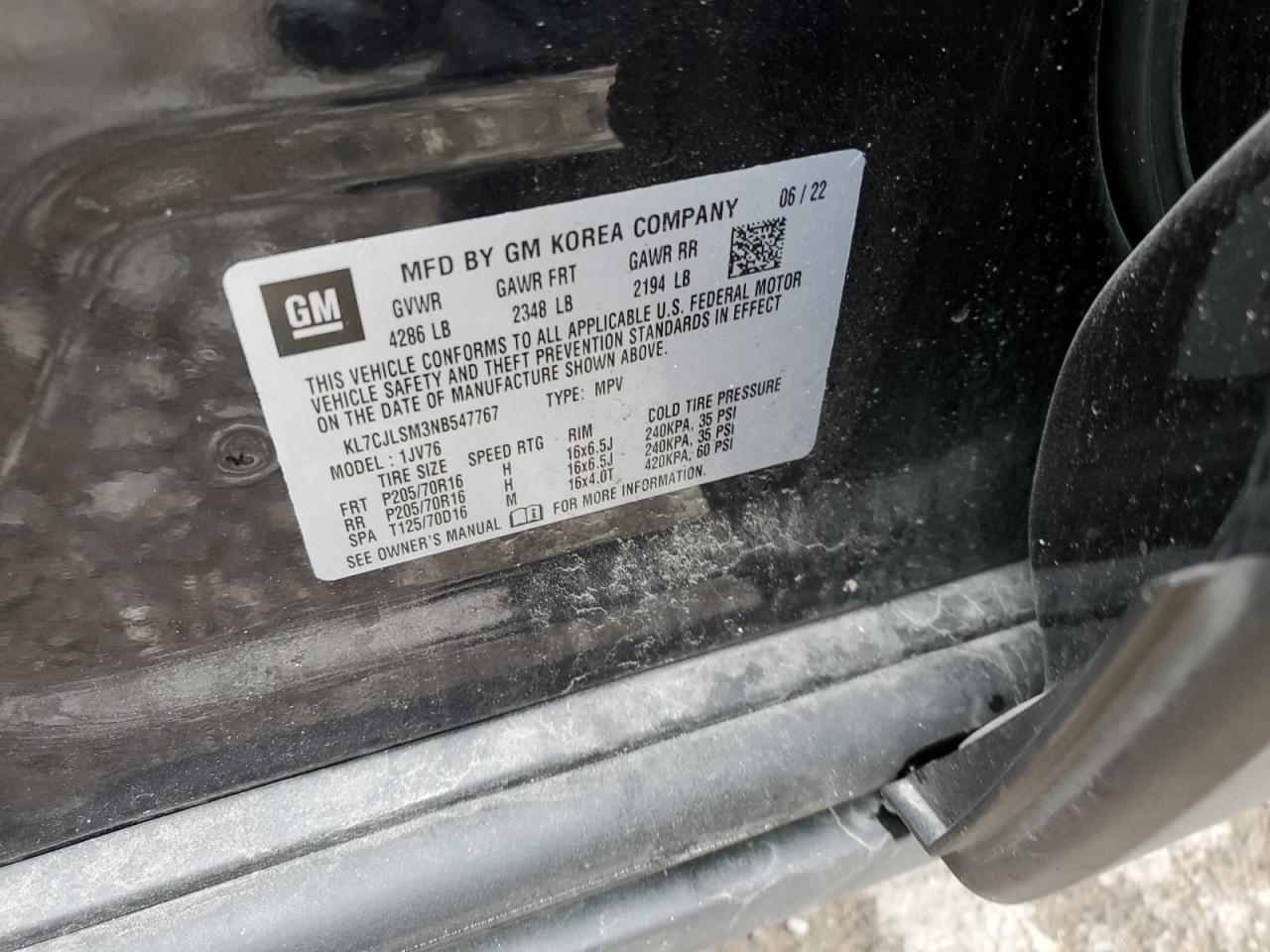 2022 CHEVROLET TRAX 1LT VIN:KL7CJLSM3NB547767