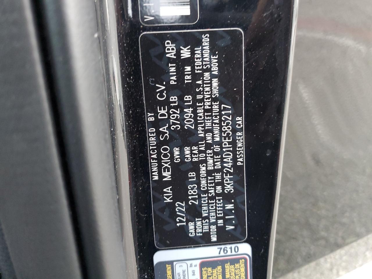 2023 KIA FORTE LX VIN:3KPF24AD1PE585217