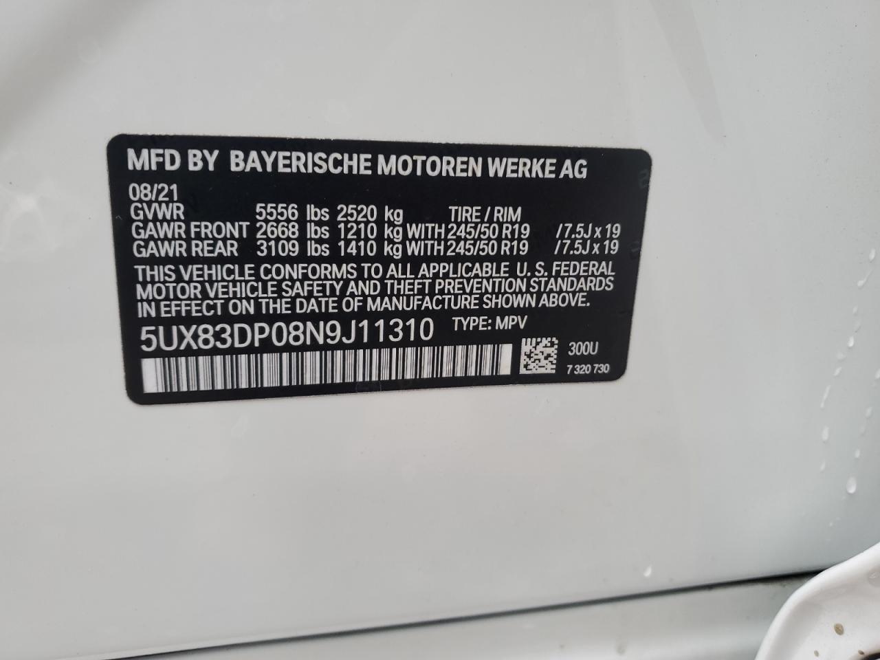 2022 BMW X3 M40I VIN:5UX83DP08N9J11310