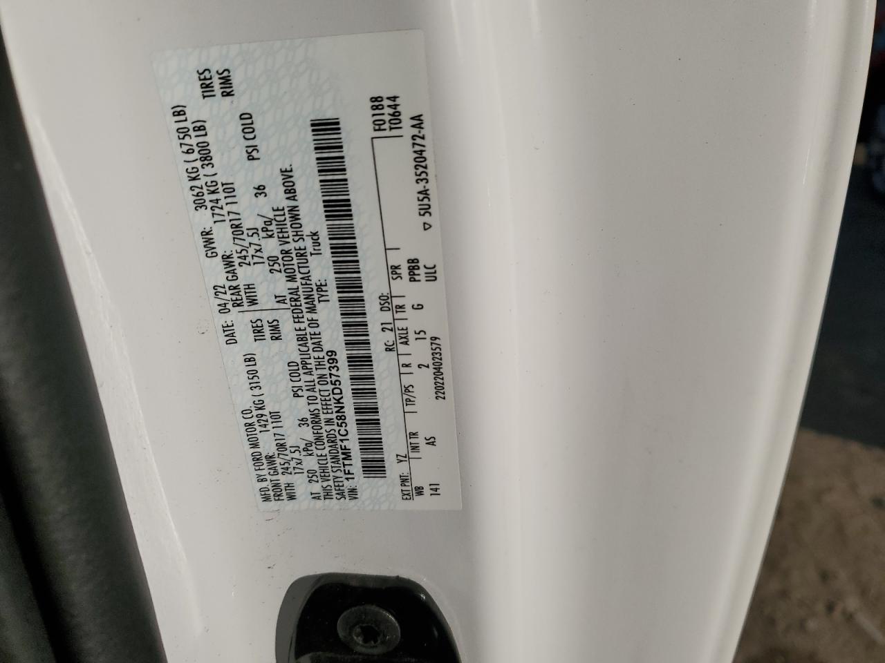 2022 FORD F150  VIN:1FTMF1C58NKD57399