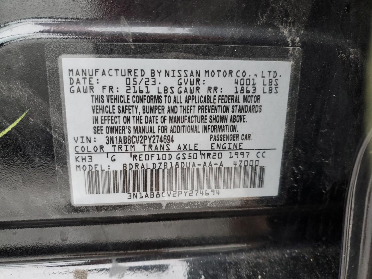 2023 NISSAN SENTRA SV VIN:3N1AB8CV2PY274694