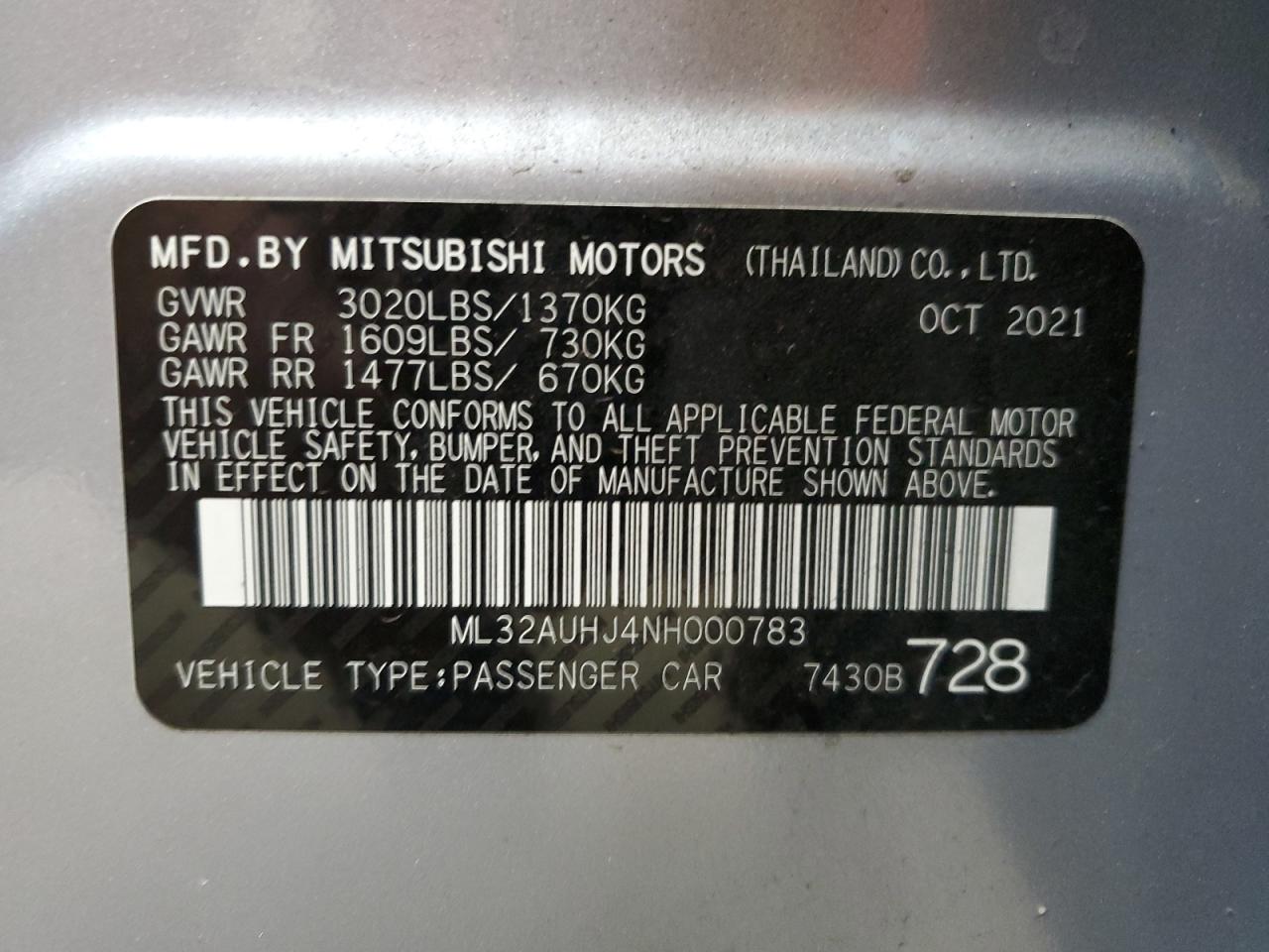 2022 MITSUBISHI MIRAGE ES VIN:ML32AUHJ4NH000783