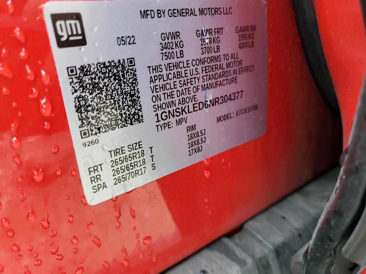 2022 CHEVROLET TAHOE K1500 VIN:1GNSKLED6NR304377