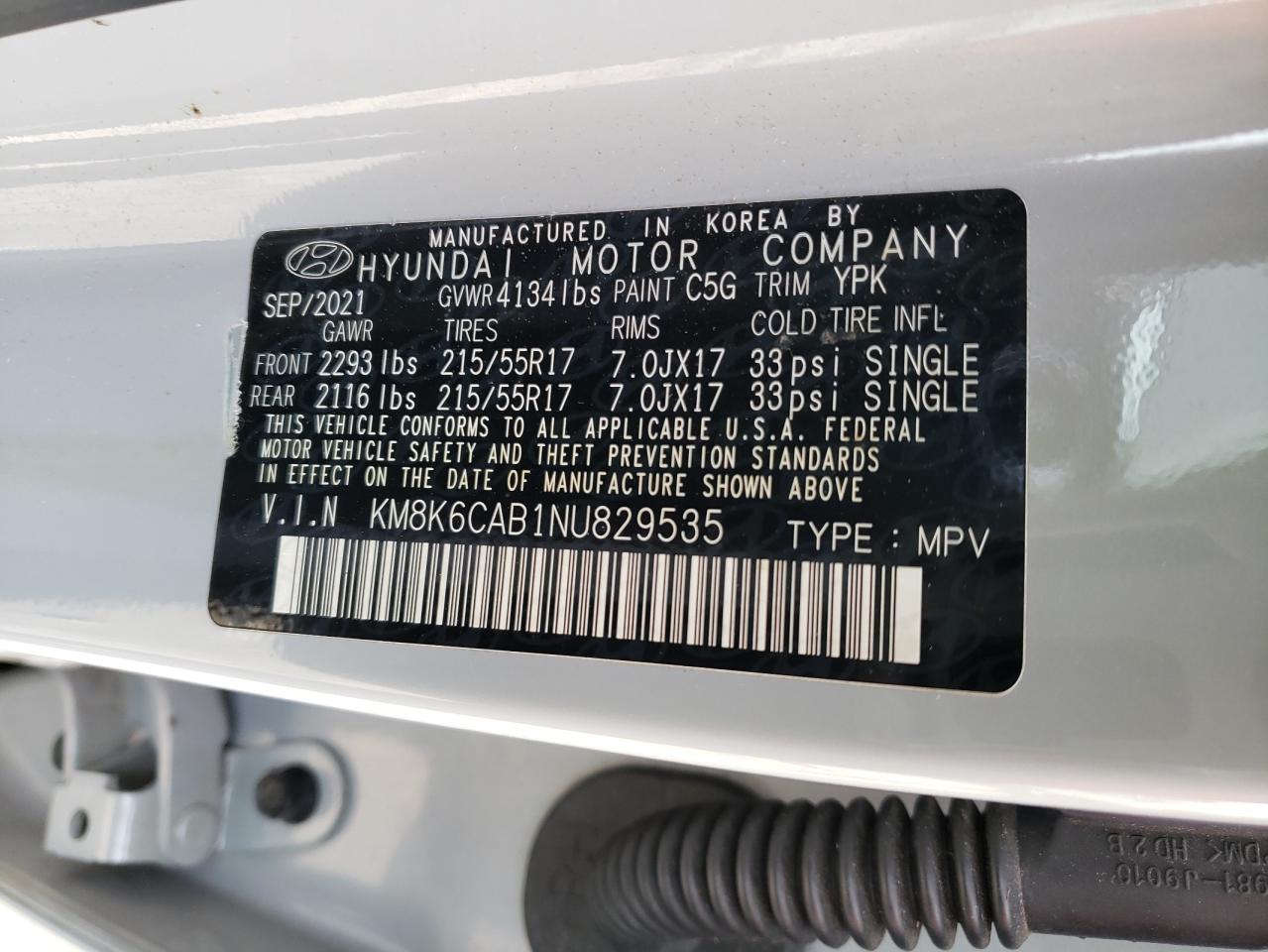 2022 HYUNDAI KONA SEL VIN:KM8K6CAB1NU829535