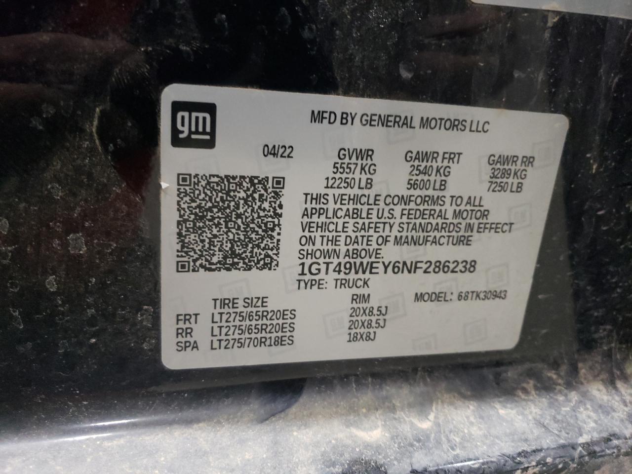 2022 GMC SIERRA K3500 DENALI VIN:1GT49WEY6NF286238