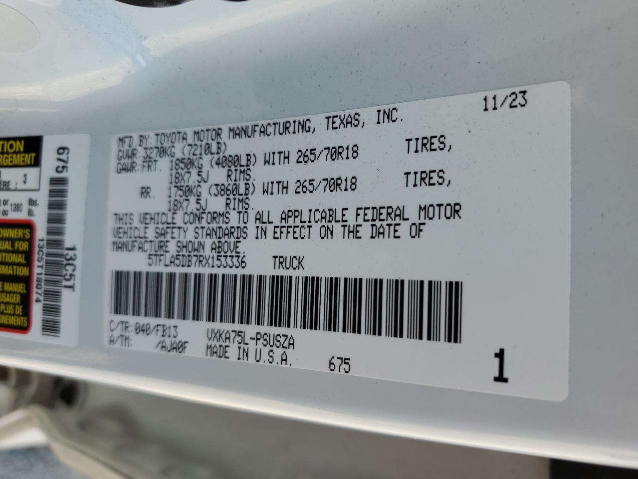 2024 TOYOTA TUNDRA CREWMAX SR VIN:5TFLA5DB7RX153336