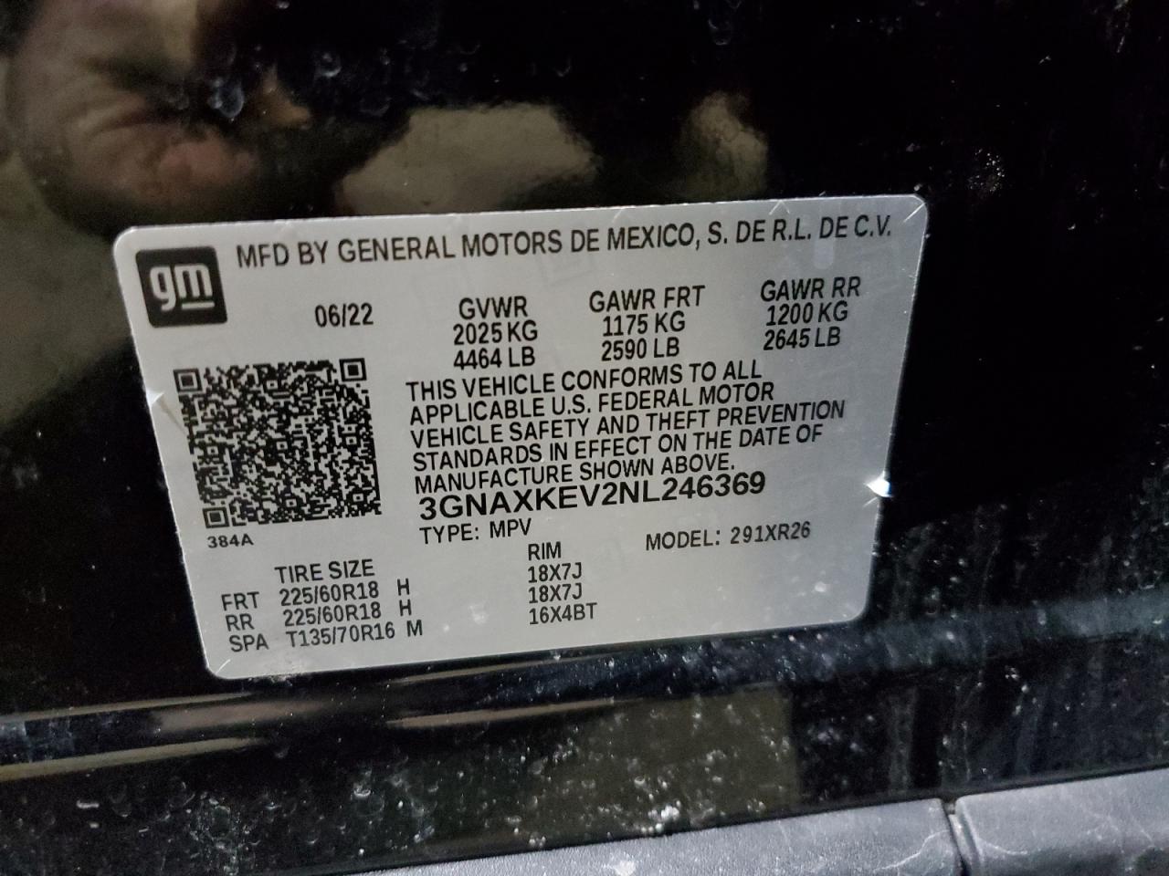 2022 CHEVROLET EQUINOX LT VIN:3GNAXKEV2NL246369