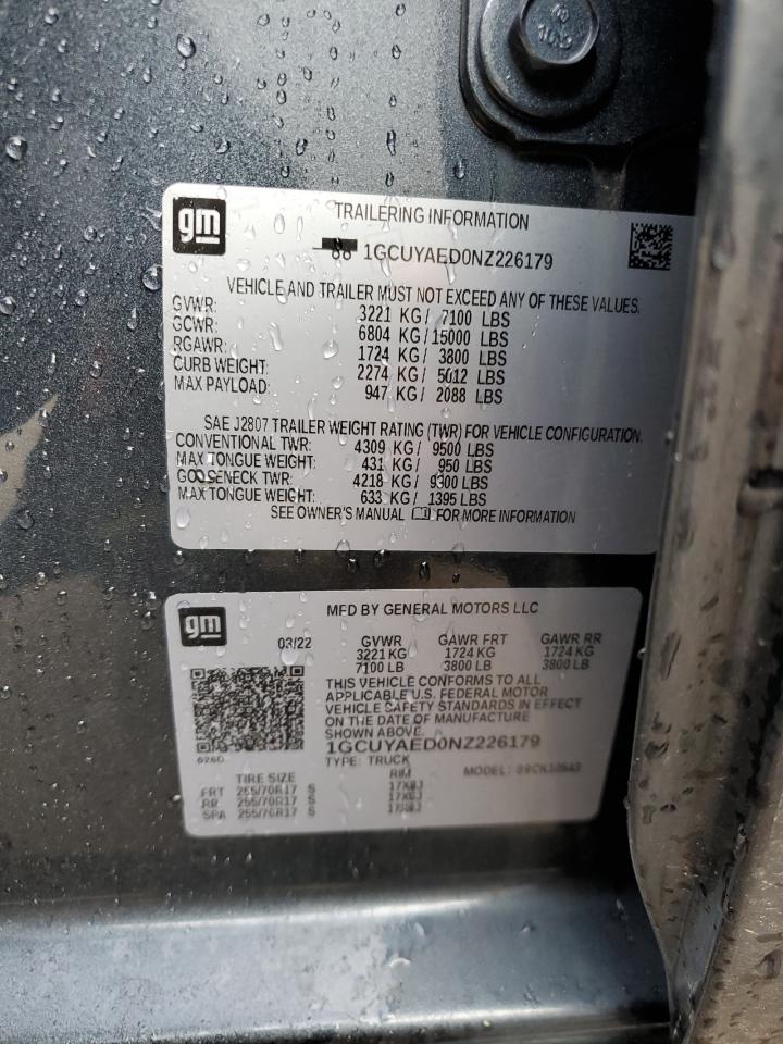 2022 CHEVROLET SILVERADO LTD K1500 VIN:1GCUYAED0NZ226179