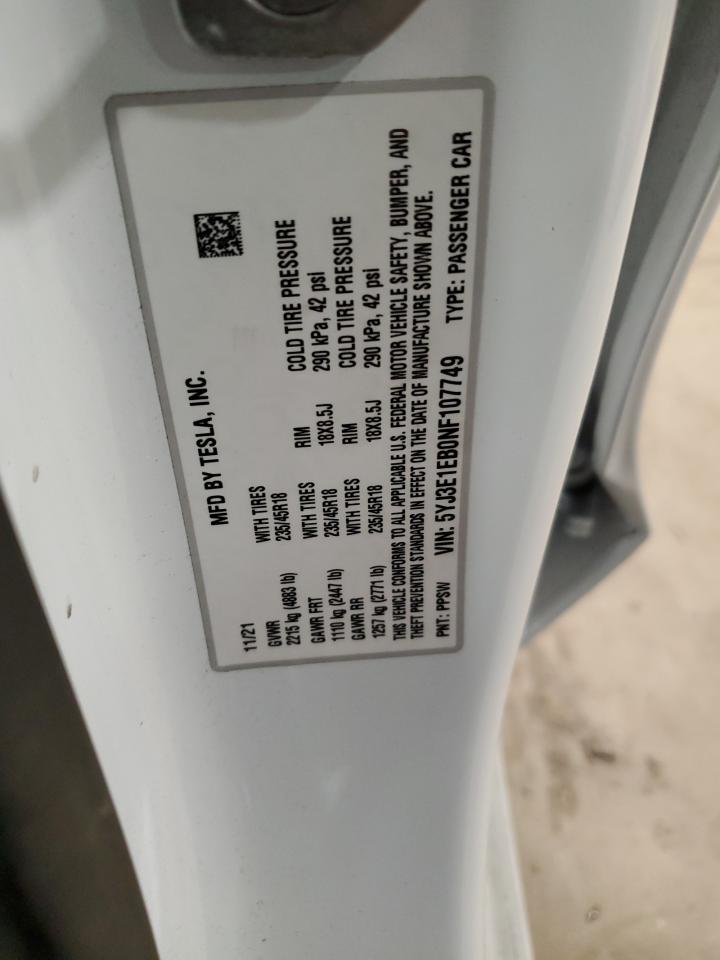 2022 TESLA MODEL 3  VIN:5YJ3E1EB0NF107749