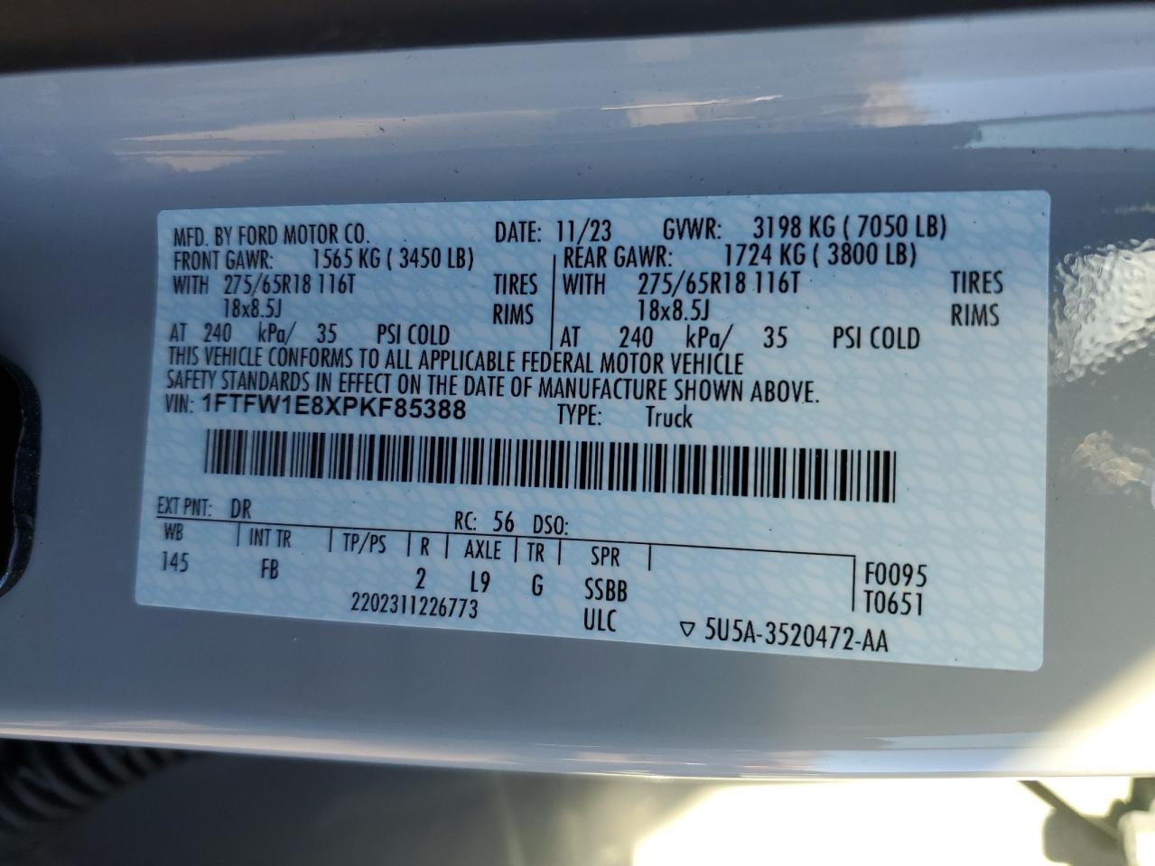 2023 FORD F150 SUPERCREW VIN:1FTFW1E8XPKF85388