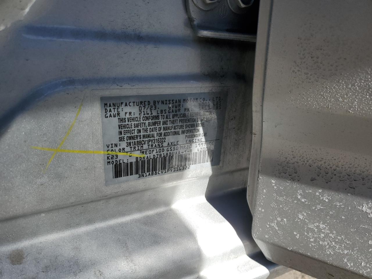 2023 NISSAN SENTRA SV VIN:3N1AB8CV1PY316322