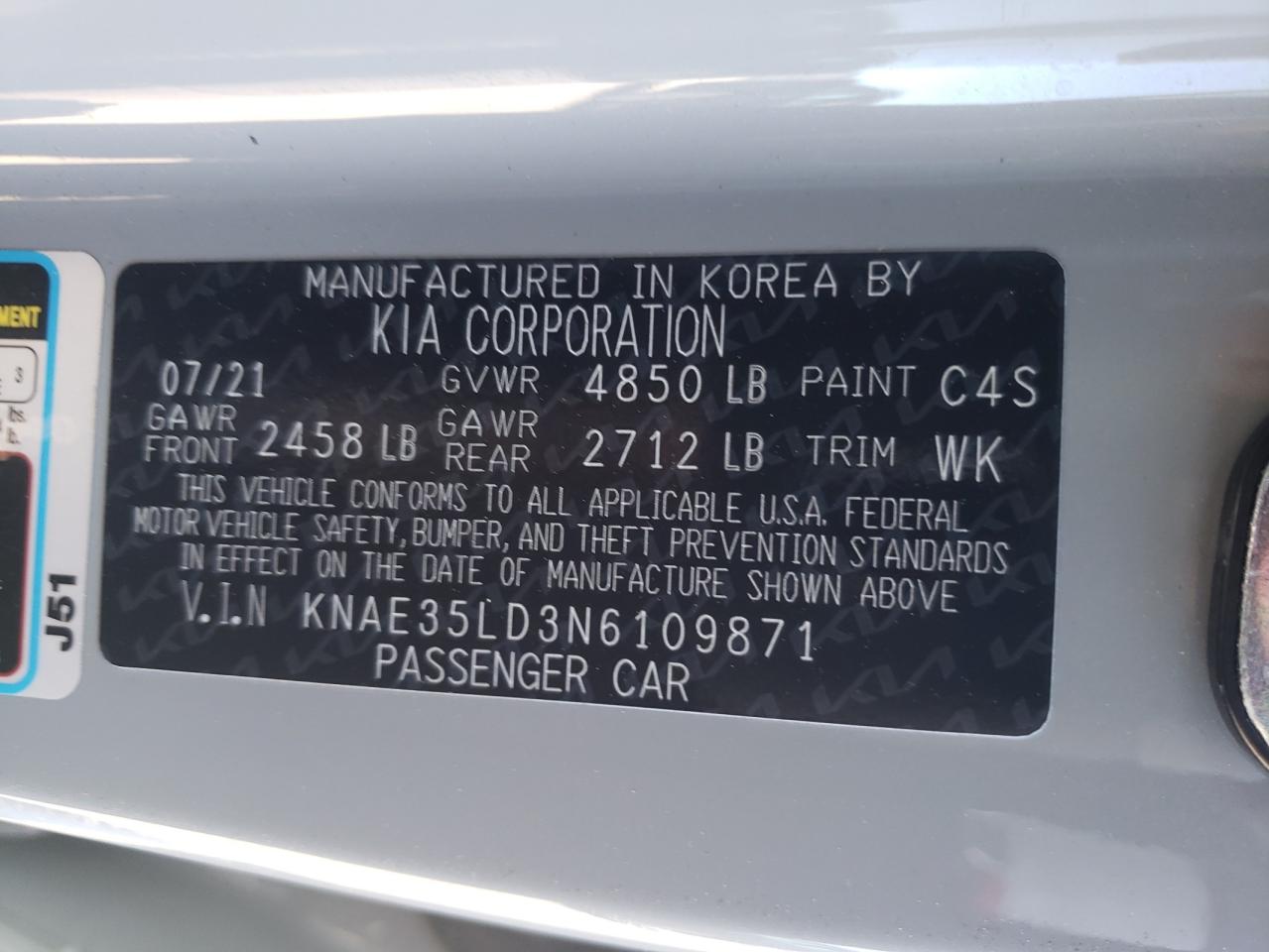 2022 KIA STINGER GT LINE VIN:KNAE35LD3N6109871