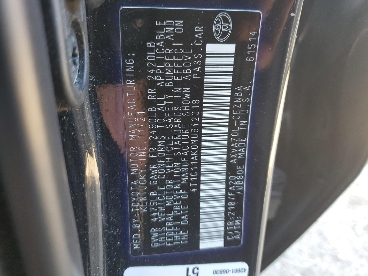 2022 TOYOTA CAMRY LE VIN:4T1C11AK0NU642018