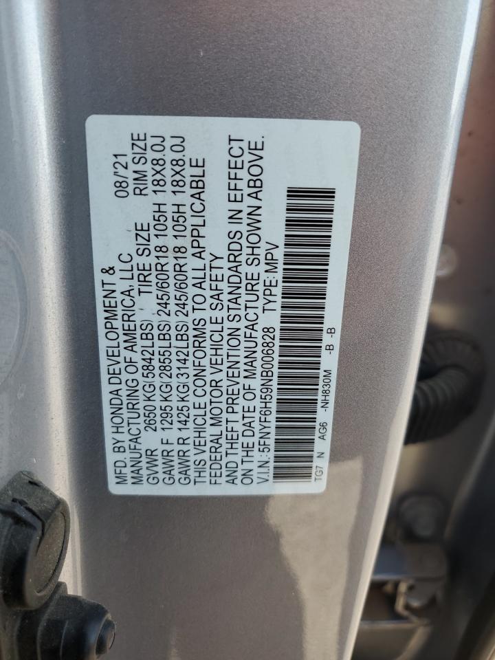 2022 HONDA PILOT EXL VIN:5FNYF6H59NB006828