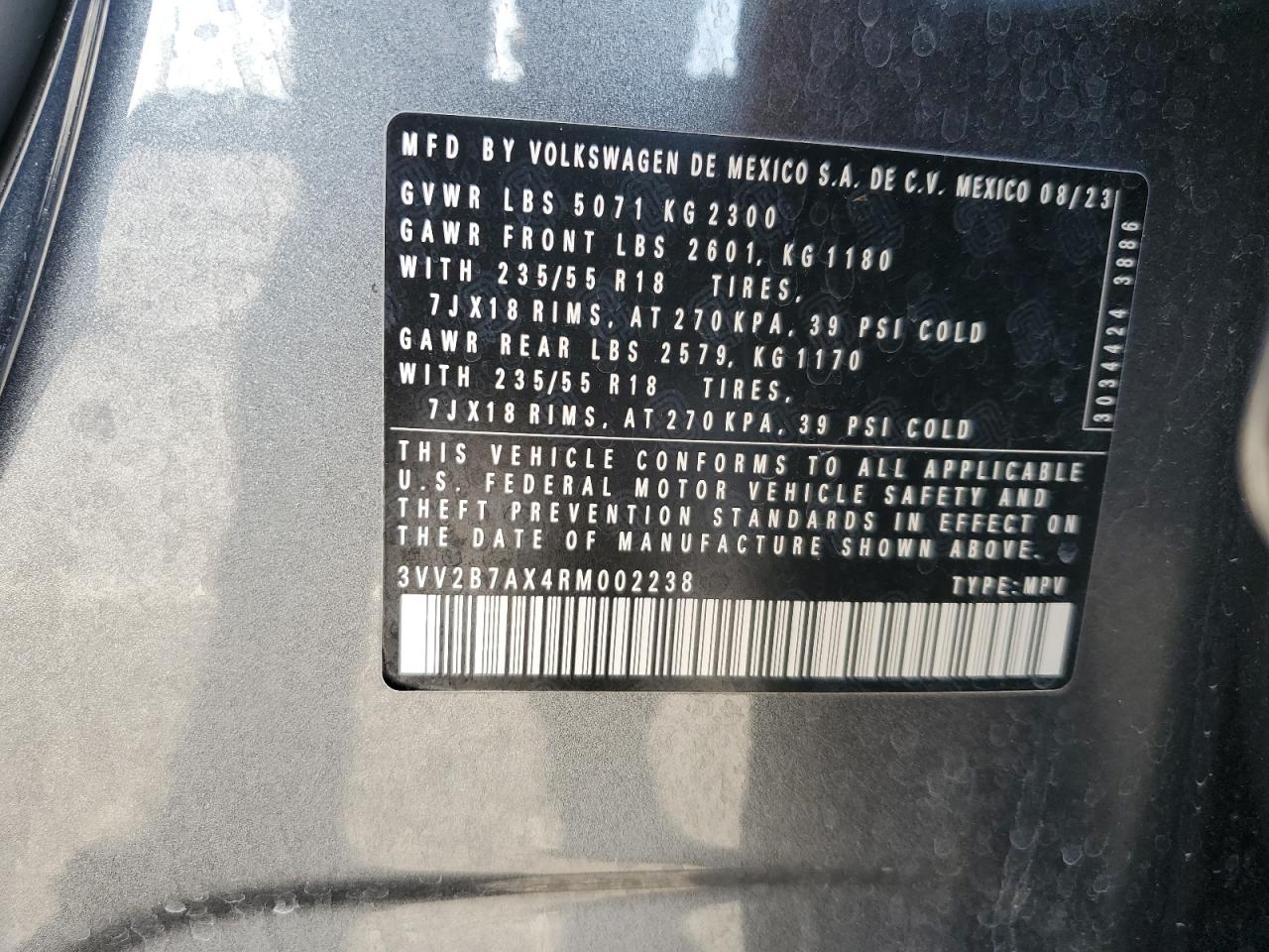 2024 VOLKSWAGEN TIGUAN SE VIN:3VV2B7AX4RM002238
