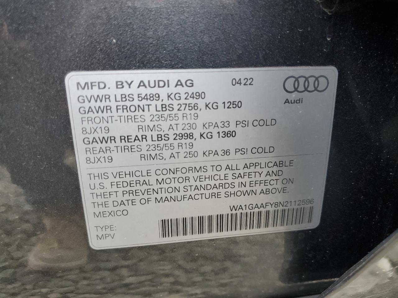 2022 AUDI Q5 PREMIUM 45 VIN:WA1GAAFY8N2112596