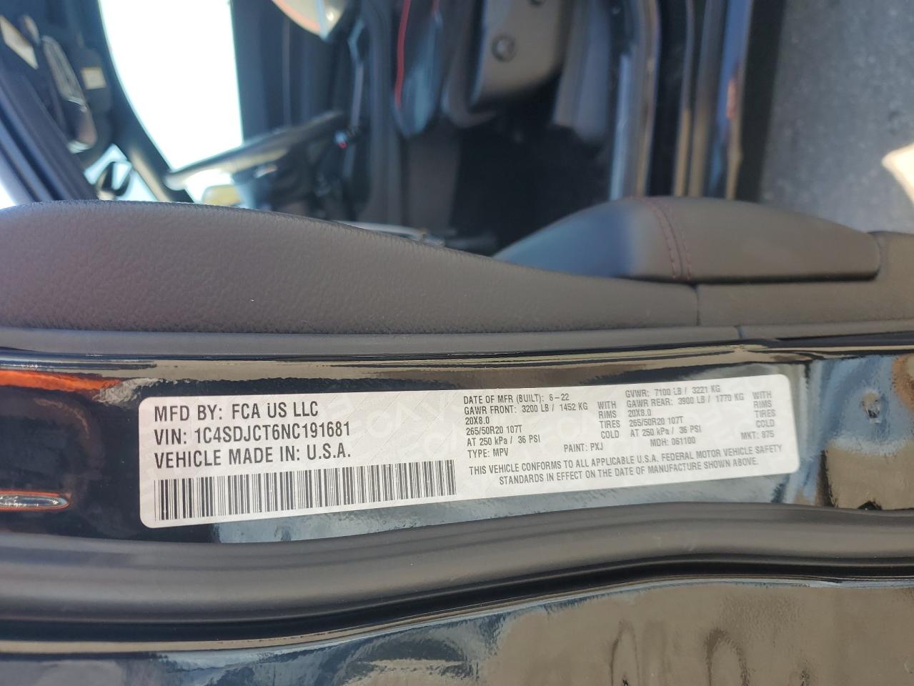 2022 DODGE DURANGO R/T VIN:1C4SDJCT6NC191681