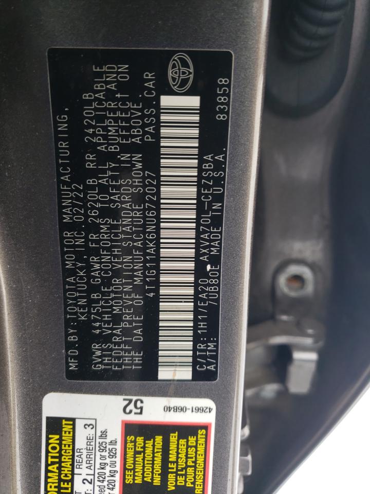 2022 TOYOTA CAMRY SE VIN:4T1G11AK6NU672027