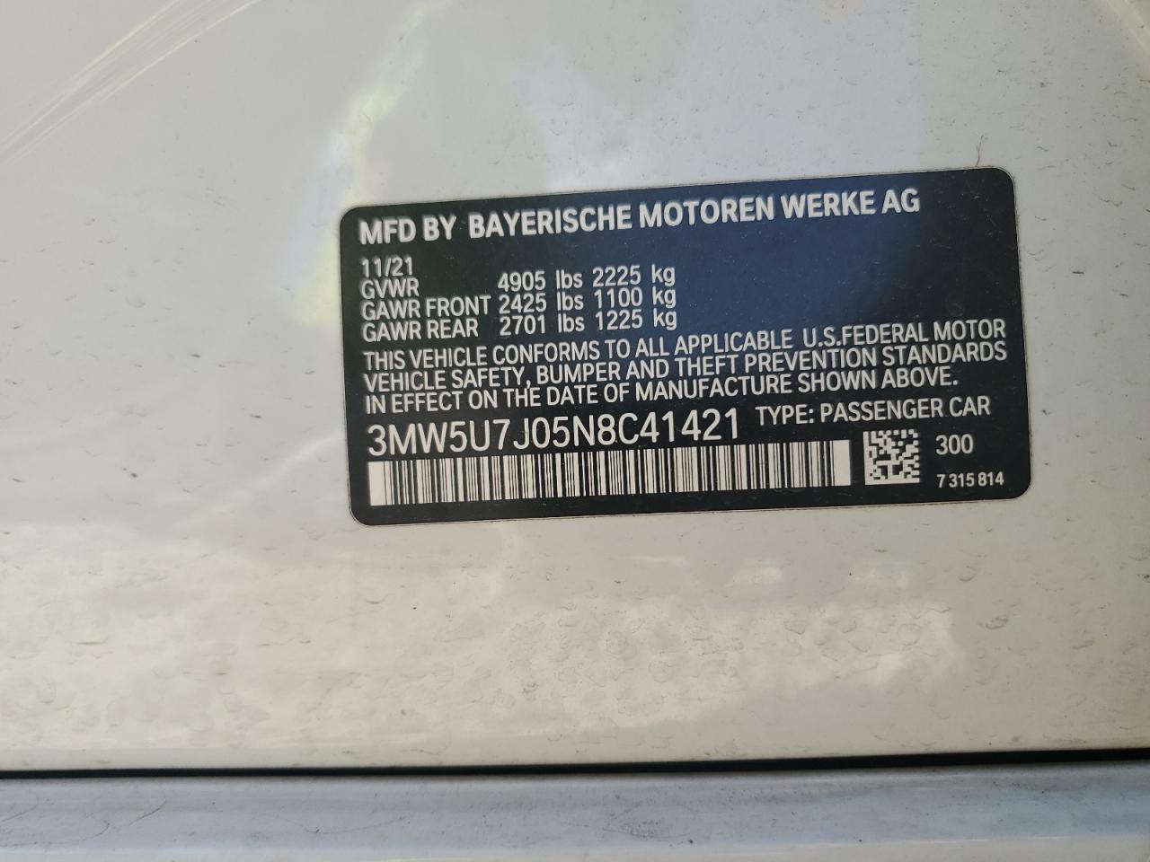 2022 BMW M340I  VIN:3MW5U7J05N8C41421