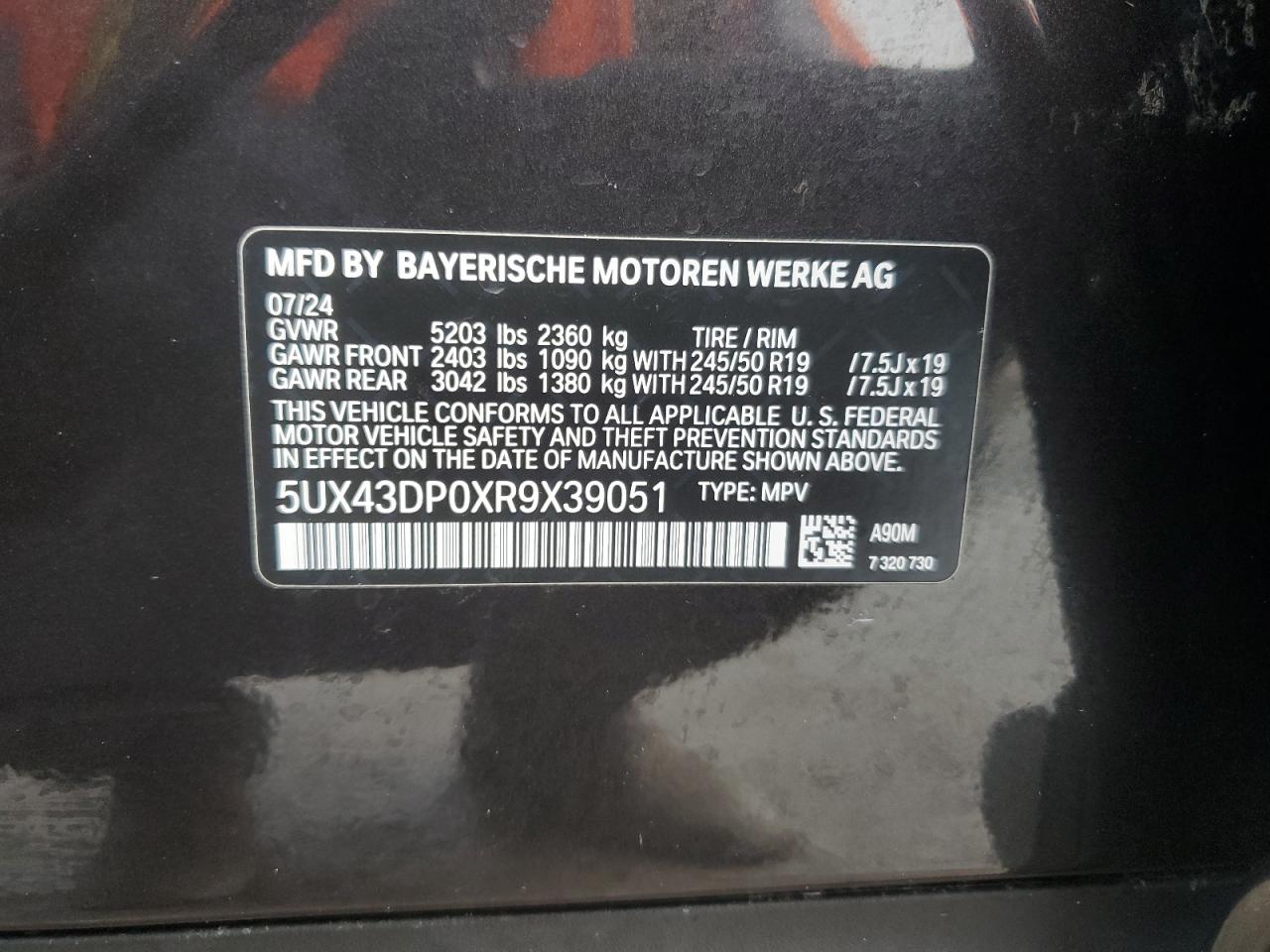 2024 BMW X3 SDRIVE30I VIN:5UX43DP0XR9X39051