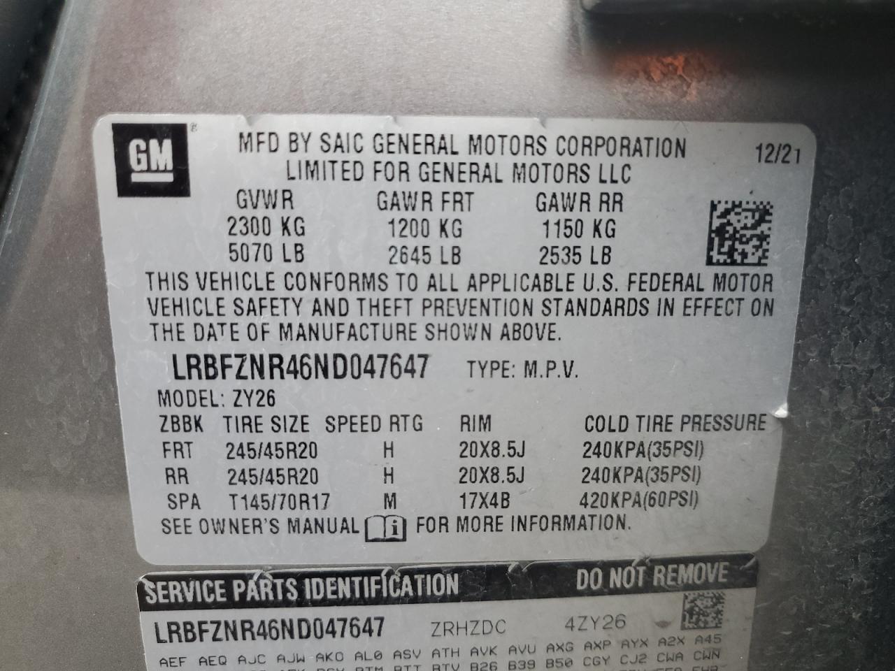 2022 BUICK ENVISION ESSENCE VIN:LRBFZNR46ND047647