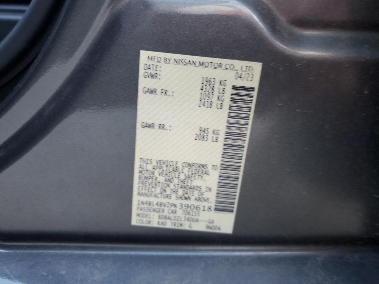 2023 NISSAN ALTIMA S VIN:1N4BL4BV2PN390618