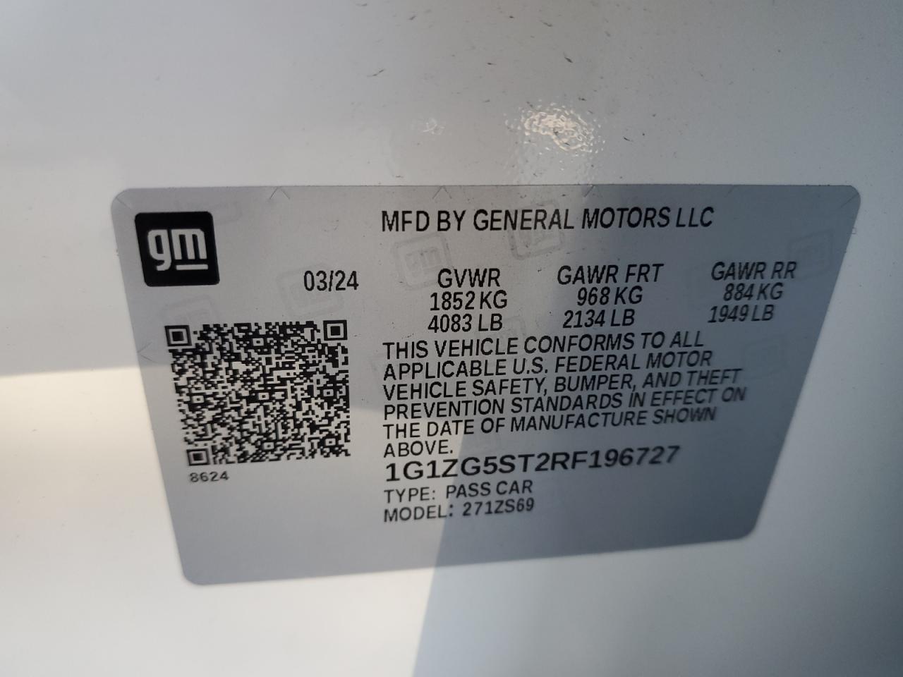 2024 CHEVROLET MALIBU RS VIN:1G1ZG5ST2RF196727