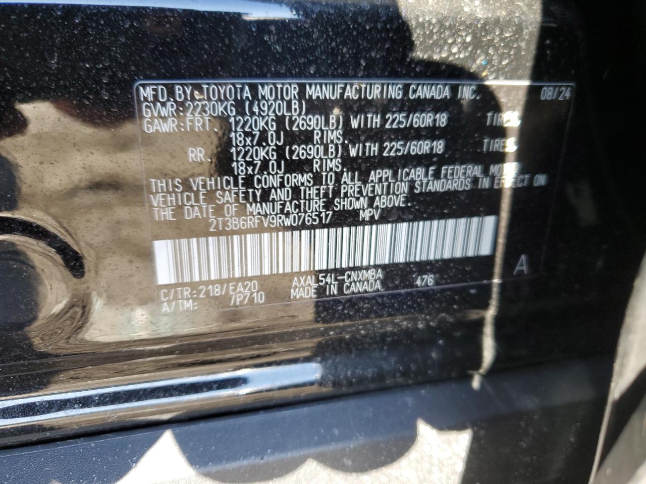 2024 TOYOTA RAV4 XLE PREMIUM VIN:2T3B6RFV9RW076517