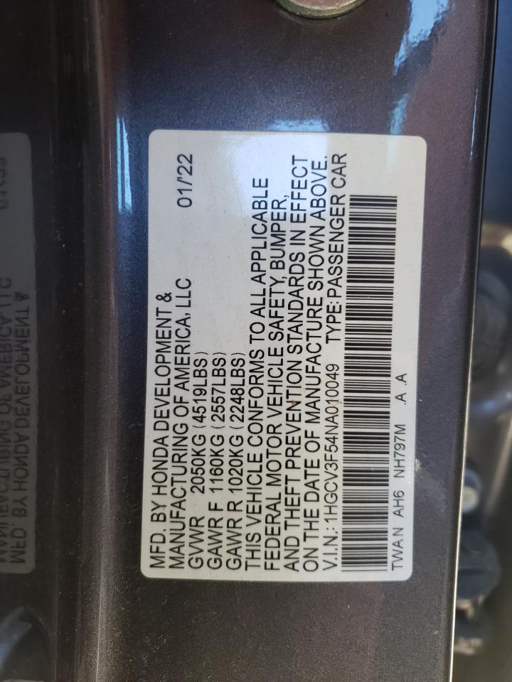 2022 HONDA ACCORD HYBRID EXL VIN:1HGCV3F54NA010049
