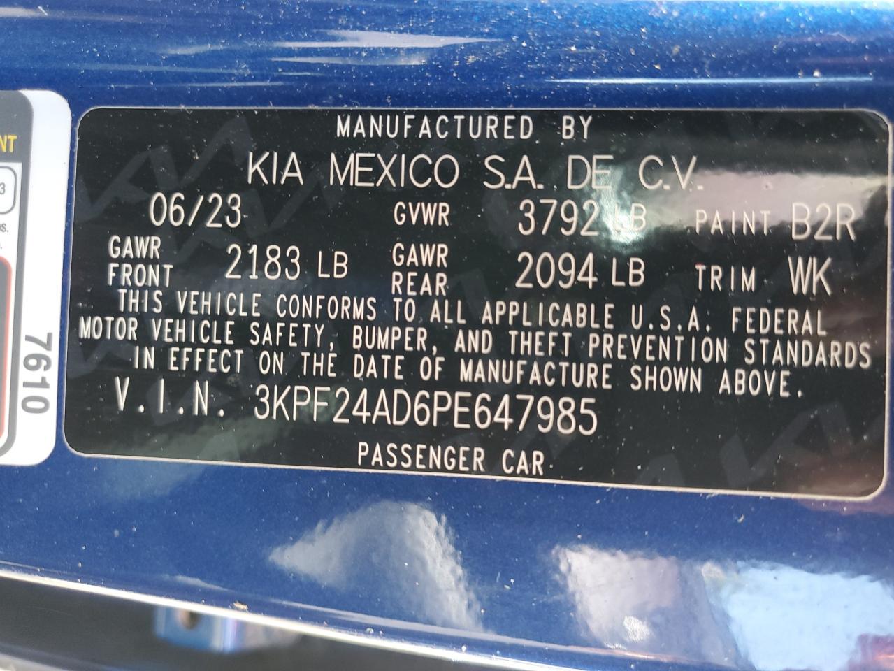 2023 KIA FORTE LX VIN:3KPF24AD6PE647985