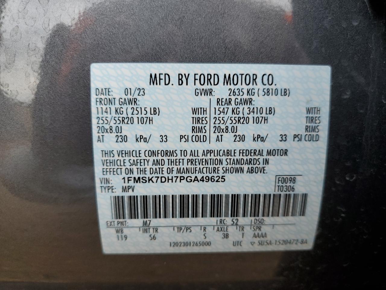 2023 FORD EXPLORER XLT VIN:1FMSK7DH7PGA49625