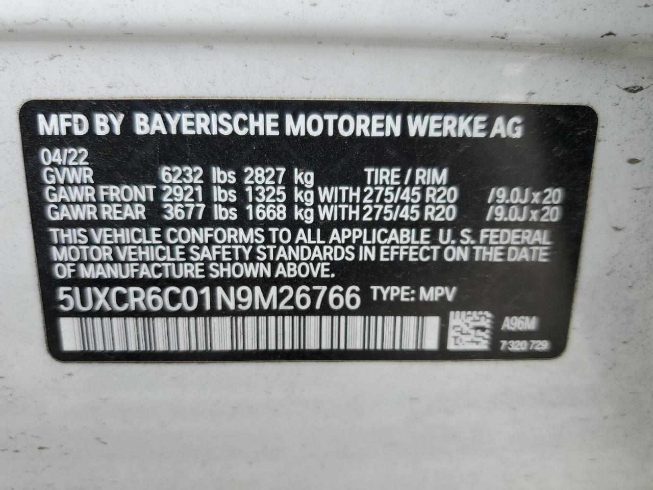 2022 BMW X5 XDRIVE40I VIN:5UXCR6C01N9M26766