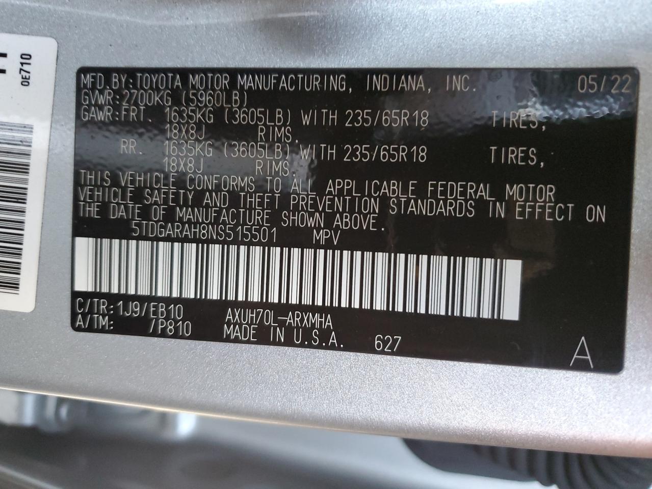 2022 TOYOTA HIGHLANDER HYBRID XLE VIN:5TDGARAH8NS515501