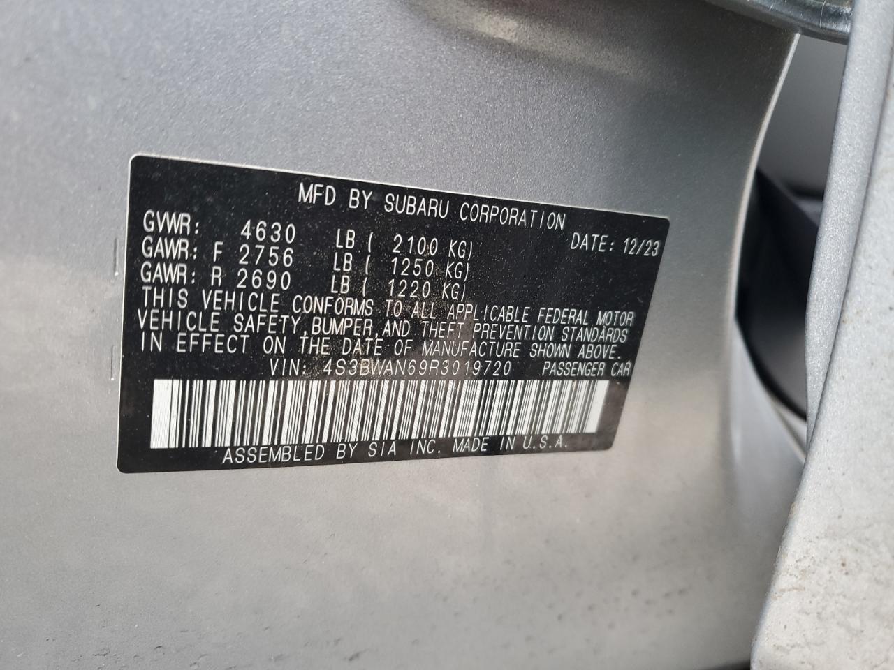 2024 SUBARU LEGACY LIMITED VIN:4S3BWAN69R3019720