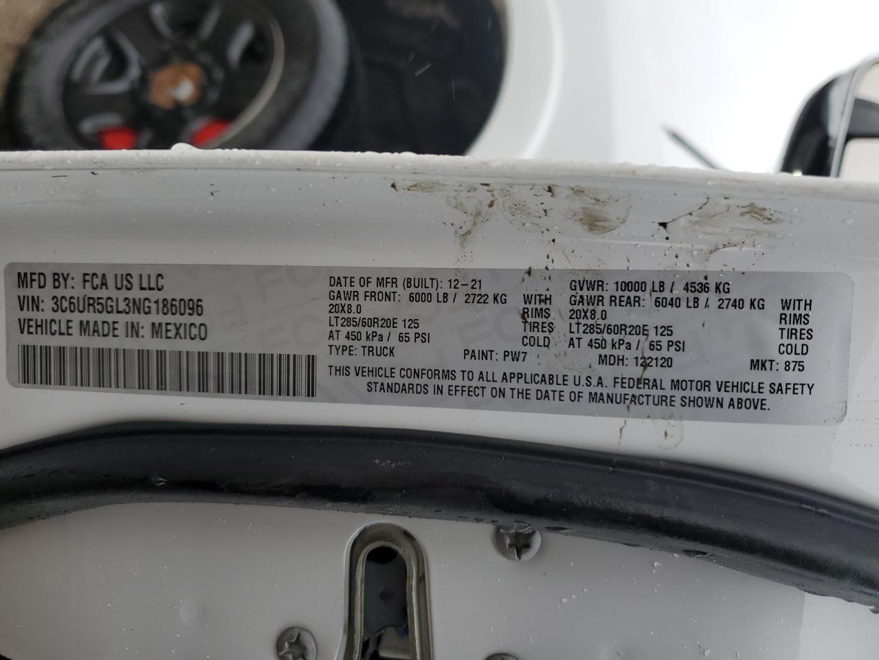 2022 RAM 2500 LONGHORN VIN:3C6UR5GL3NG186096