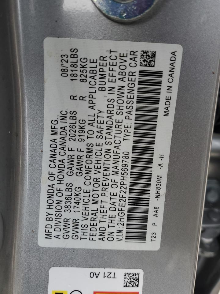 2023 HONDA CIVIC LX VIN:2HGFE2F22PH569780