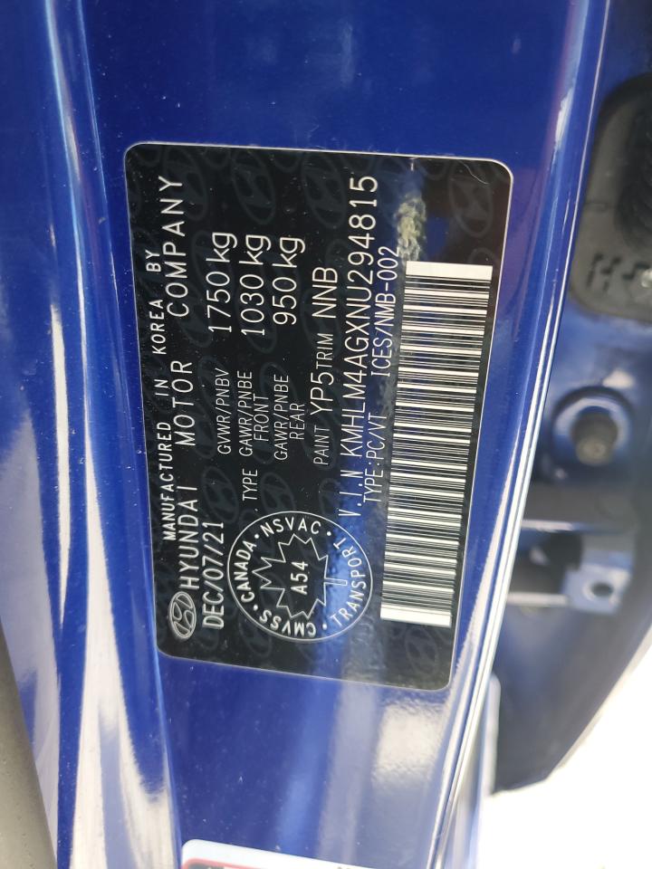 2022 HYUNDAI ELANTRA SEL VIN:KMHLM4AGXNU294815