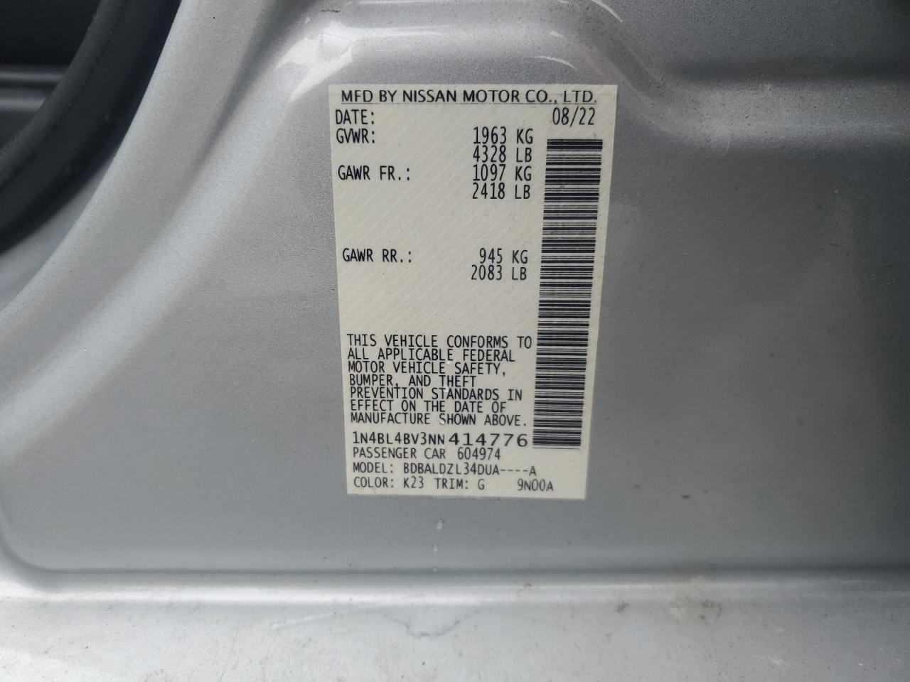 2022 NISSAN ALTIMA S VIN:1N4BL4BV3NN414776