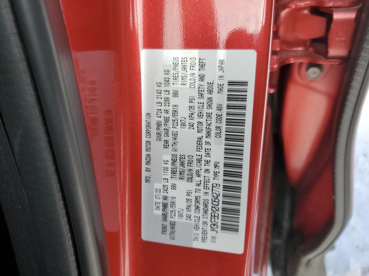 2022 MAZDA CX-5 PREMIUM PLUS VIN:JM3KFBEM2N0642779