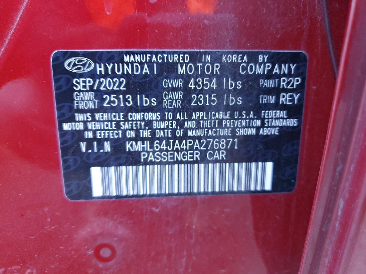 2023 HYUNDAI SONATA SEL VIN:KMHL64JA4PA276871