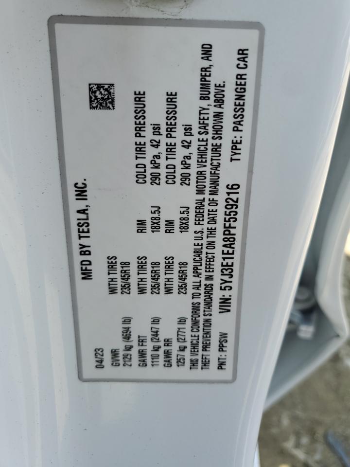2023 TESLA MODEL 3  VIN:5YJ3E1EA8PF559216
